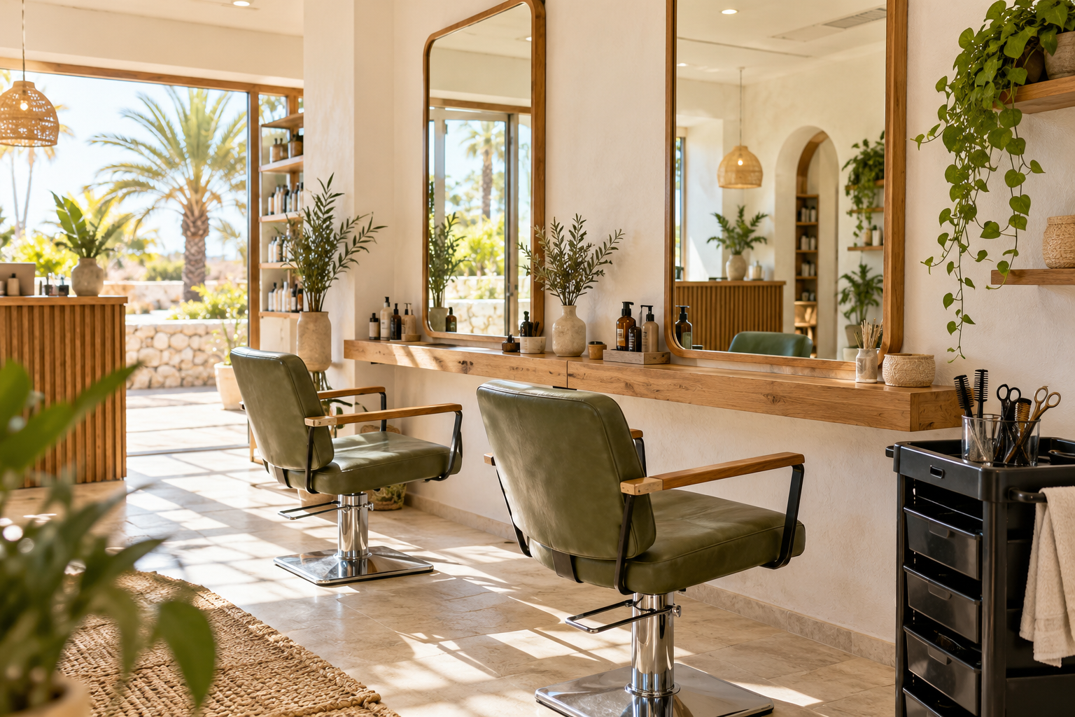 Illustrative sunlit hair salon with mirrors and sage-green chairs